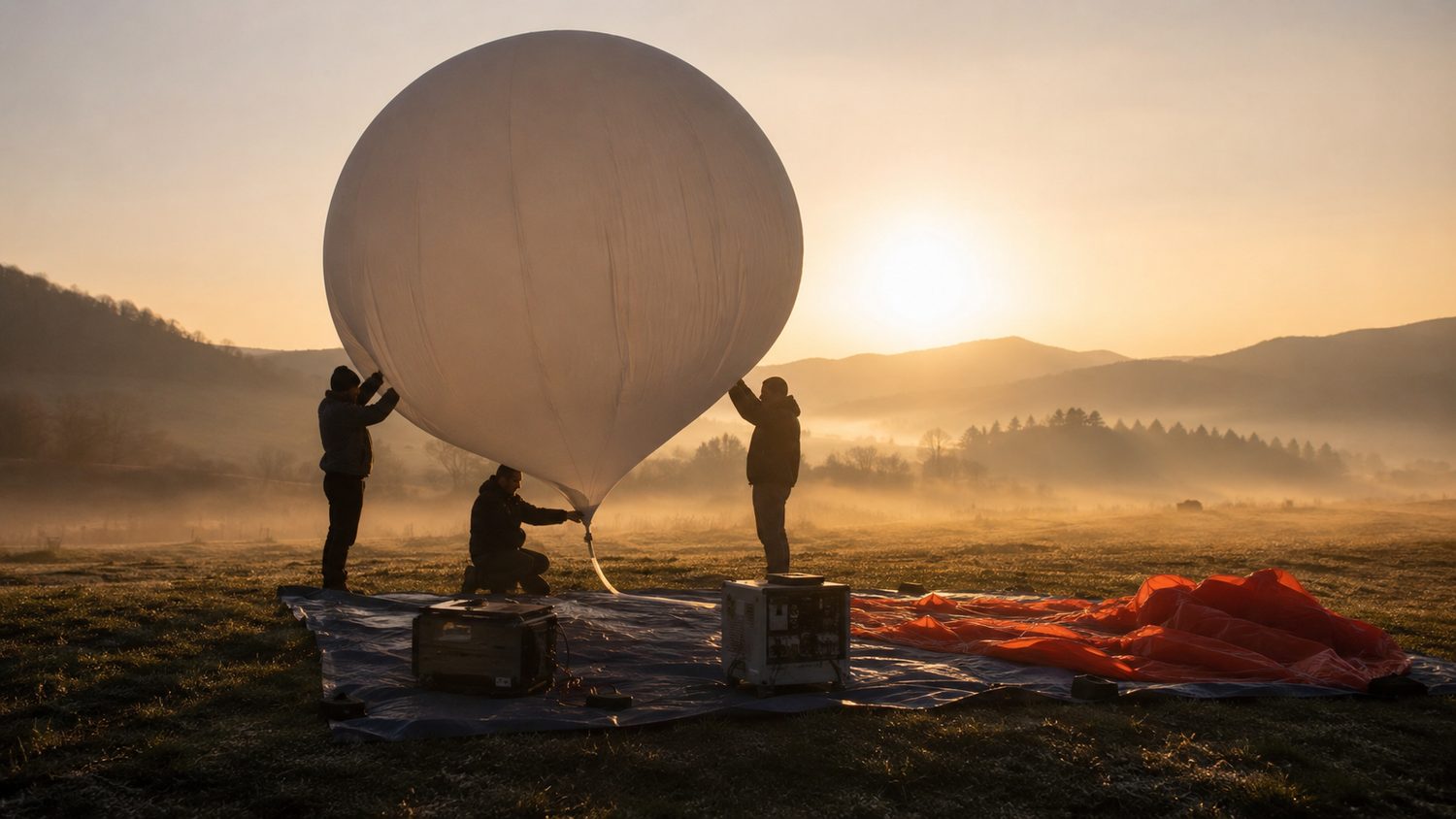 Globo sonda de látex inflándose con helio al amanecer en un campo del Alto Henares