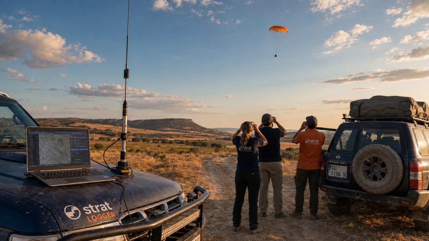 Equipo de recuperación con dos todoterrenos siguiendo el globo por un camino de la campiña de Guadalajara